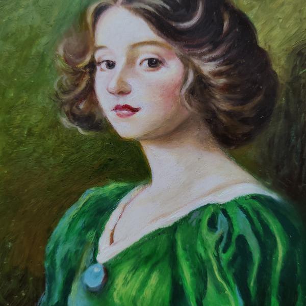 穿绿裙子的女人油画图片